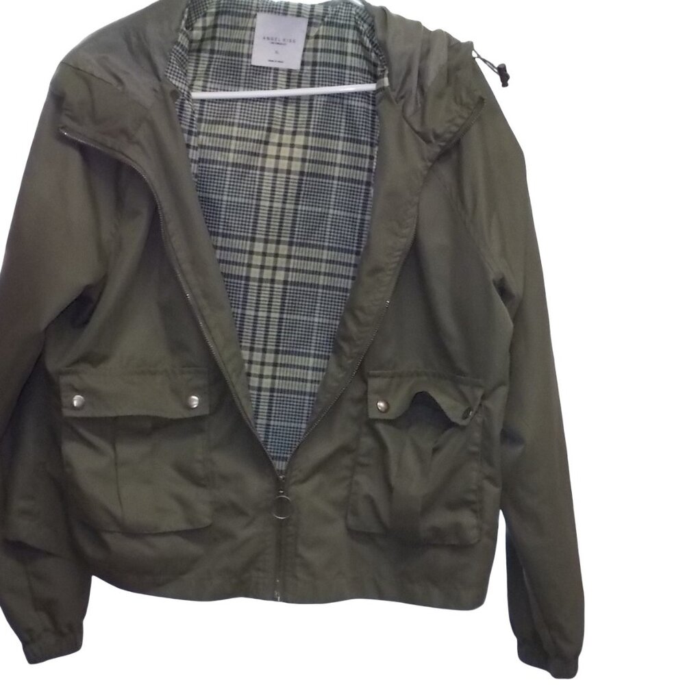 Angel Kiss Womens XL Olive Green Plaid Lined Hooded Windbreaker Jacket Utility